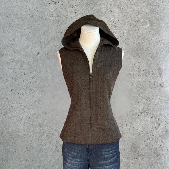 Vintage brown wool blend hooded vest - Picture 2 of 8